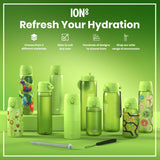 Several green ION8 water bottles, of varying sizes and designs, are displayed on a green surface. Accessories are also shown. The background features advertising text: 