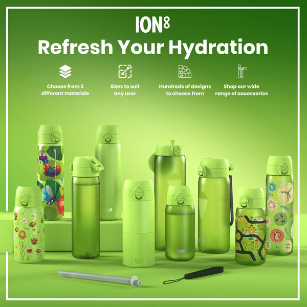 Several green ION8 water bottles, of varying sizes and designs, are displayed on a green surface. Accessories are also shown. The background features advertising text: "ION8 Refresh Your Hydration," and details about material choices, sizing, designs, and accessories.