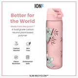 A pink water bottle, featuring koala illustrations, sits against a white background. The bottle is made from a plant-based polymer and is BPA free, dishwasher safe, odor resistant, and carbon neutral. The text also reads 