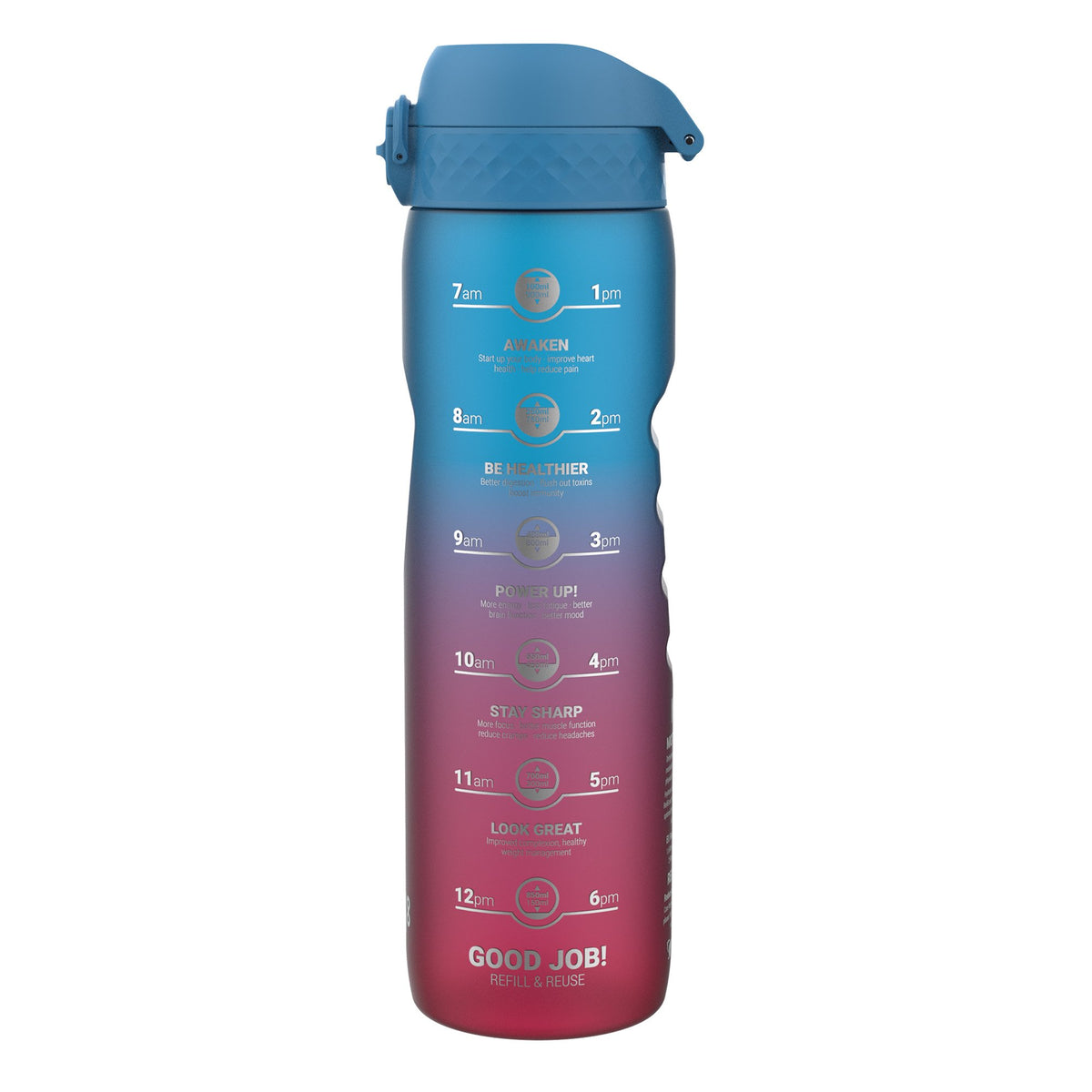 Recyclon-Wasserflasche mit Trinkzeiten, Blau & Pink, 1 L