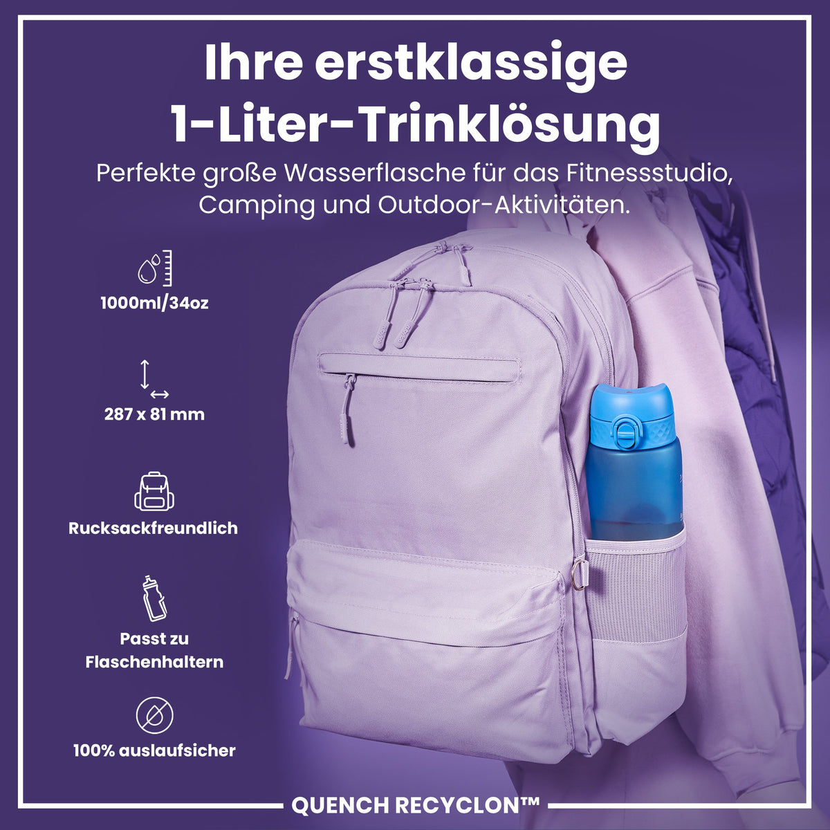 Recyclon-Wasserflasche mit Trinkzeiten, Blau & Pink, 1 L