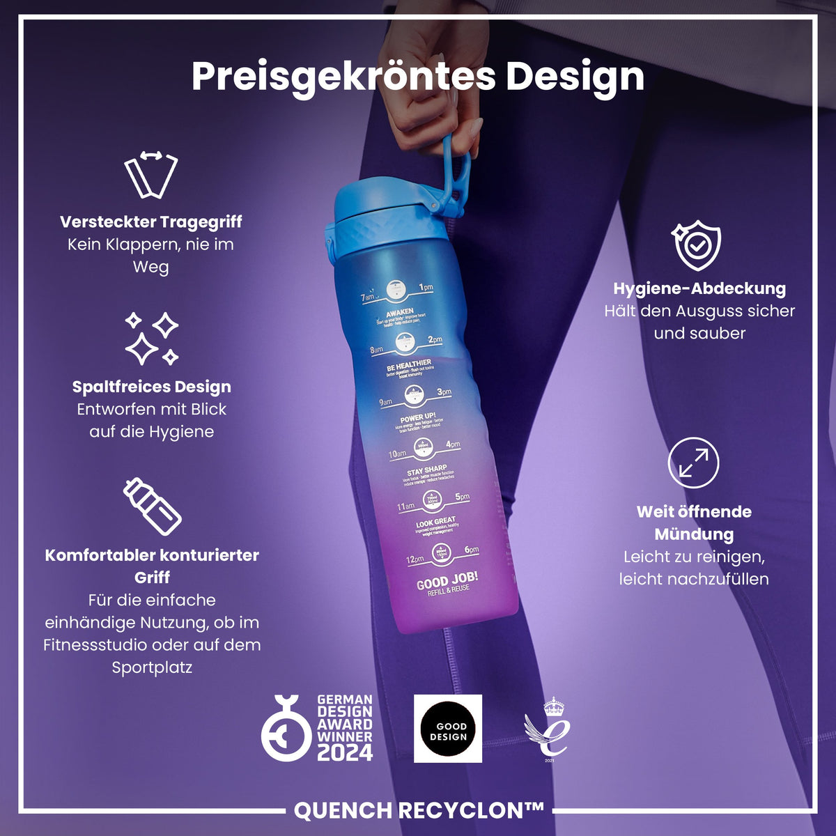 Recyclon-Wasserflasche mit Trinkzeiten, Blau & Pink, 1 L