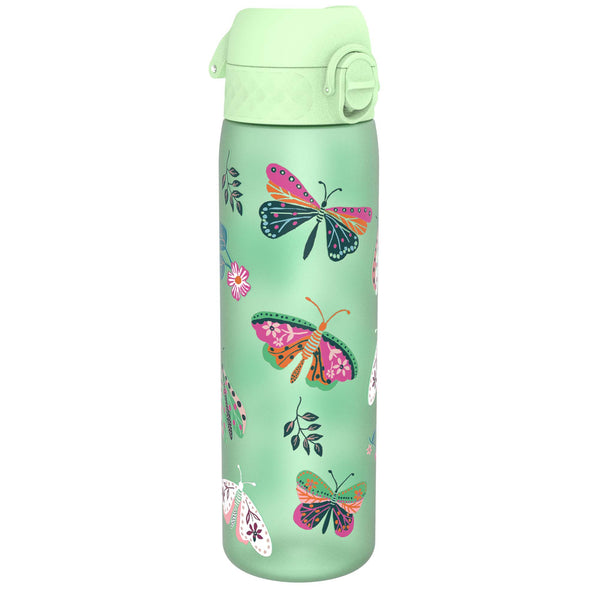 A light green water bottle, adorned with colorful butterfly and floral designs, stands upright against a white background.