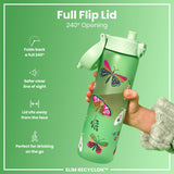 A light green water bottle, featuring a 240° flip lid and butterfly designs, is being held; the bottle's features are highlighted against a matching green background. 