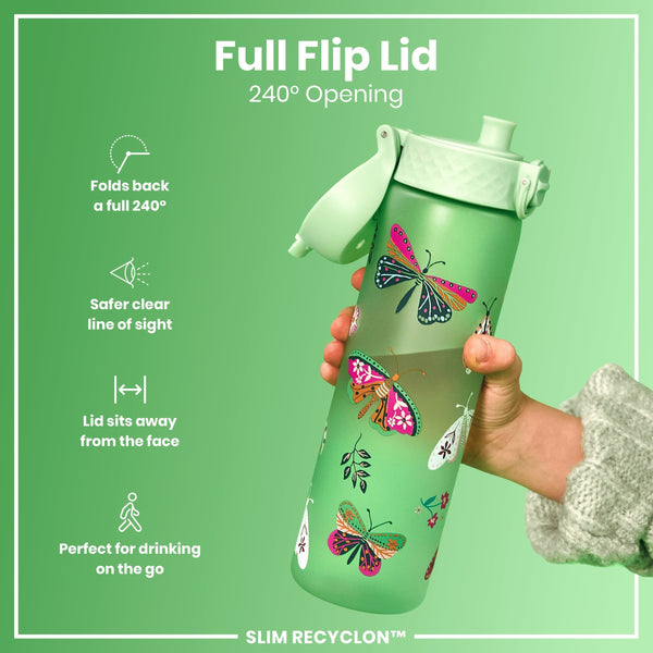 A light green water bottle, featuring a 240° flip lid and butterfly designs, is being held; the bottle's features are highlighted against a matching green background. "Full Flip Lid 240° Opening," "Folds back a full 240°," "Safer clear line of sight," "Lid sits away from the face," "Perfect for drinking on the go," and "SLIM RECYCLON™" are also shown.