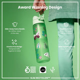 A green water bottle, decorated with butterflies, is being held. Its features include a hide-away handle, hygiene cover, and wide mouth. The bottle is an award-winning design.
