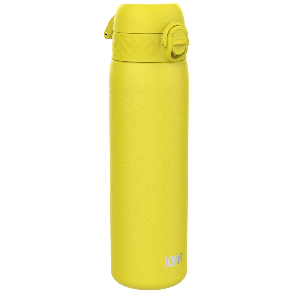 A yellow water bottle stands upright against a white background. ION8 is printed on its side.