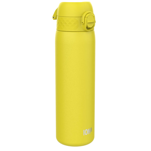 A yellow water bottle stands upright against a white background. ION8 is printed on its side.
