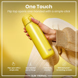A yellow ION8 water bottle is being held; its flip top opens with a single click. The context is a promotional image against a yellow background.