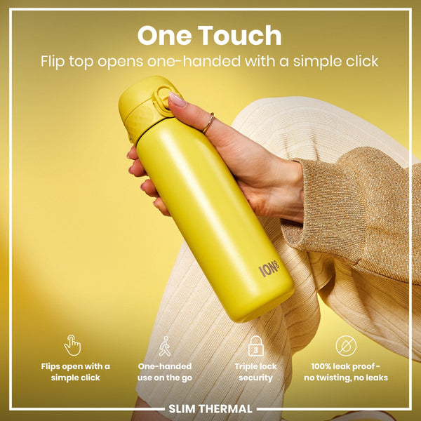 A yellow ION8 water bottle is being held; its flip top opens with a single click. The context is a promotional image against a yellow background.