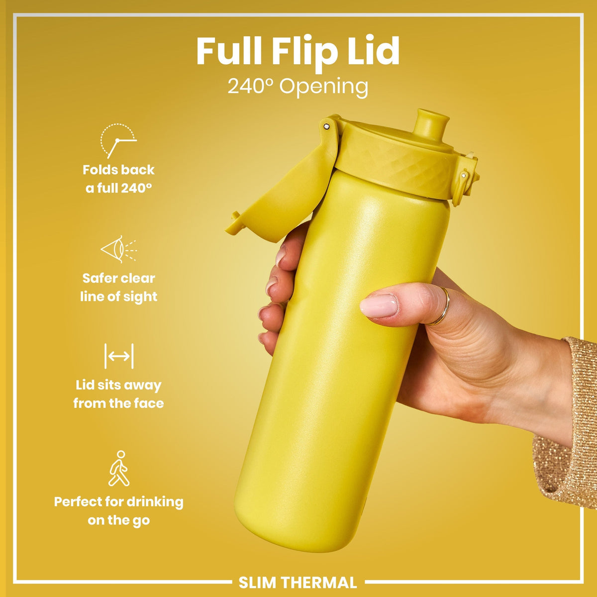 A yellow, slim thermal water bottle, with a 240° opening full flip lid, is held by a hand against a yellow background. Full Flip Lid, 240° Opening, SLIM THERMAL.