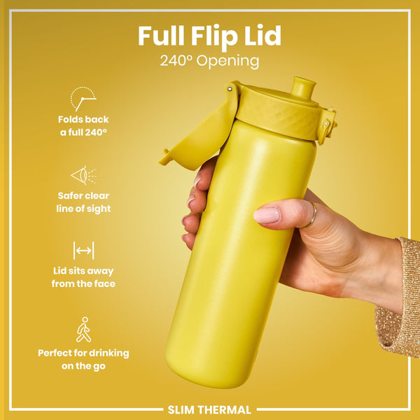 A yellow, slim thermal water bottle, with a 240° opening full flip lid, is held by a hand against a yellow background. Full Flip Lid, 240° Opening, SLIM THERMAL.