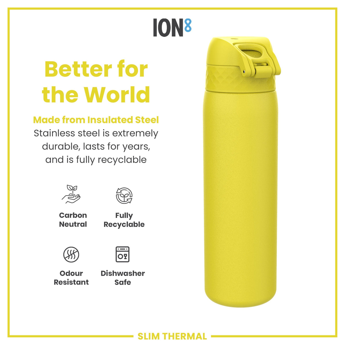 A yellow, insulated steel water bottle sits on a white background. It is described as carbon neutral, fully recyclable, odour resistant, and dishwasher safe. The brand is ION8.