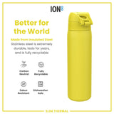 A yellow, insulated steel water bottle sits on a white background. It is described as carbon neutral, fully recyclable, odour resistant, and dishwasher safe. The brand is ION8.