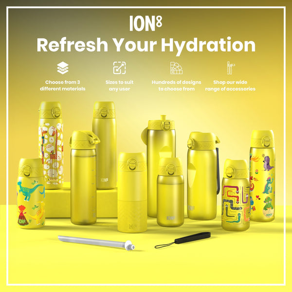 Several yellow ION8 water bottles, of varying sizes and designs, are displayed on a yellow surface. A gray straw and carrying strap are also shown. The background promotes the product's features, including material choices, sizes, and designs.