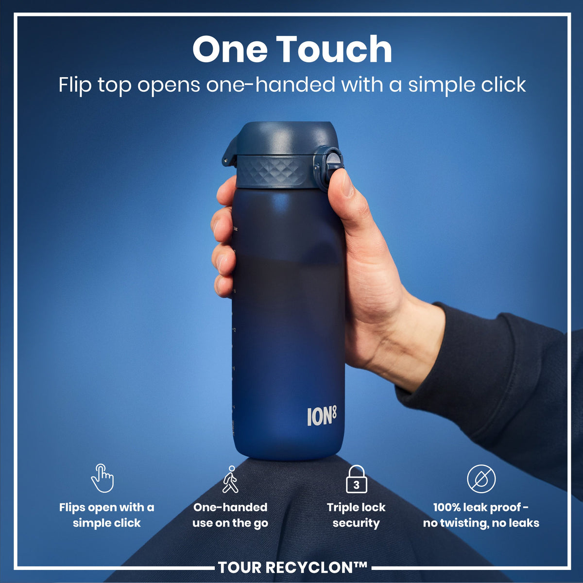 A dark-blue water bottle is held; its flip top opens one-handed. The bottle features “ION8” and “TOUR RECYCLON™” text. The background is a solid blue.