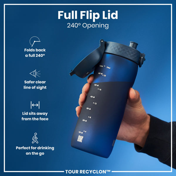 A dark-blue water bottle, with a 240° opening flip lid, is held by a hand against a blue background. The bottle displays volume markings in milliliters and ounces. TOUR RECYCLON™ is visible at the bottom.