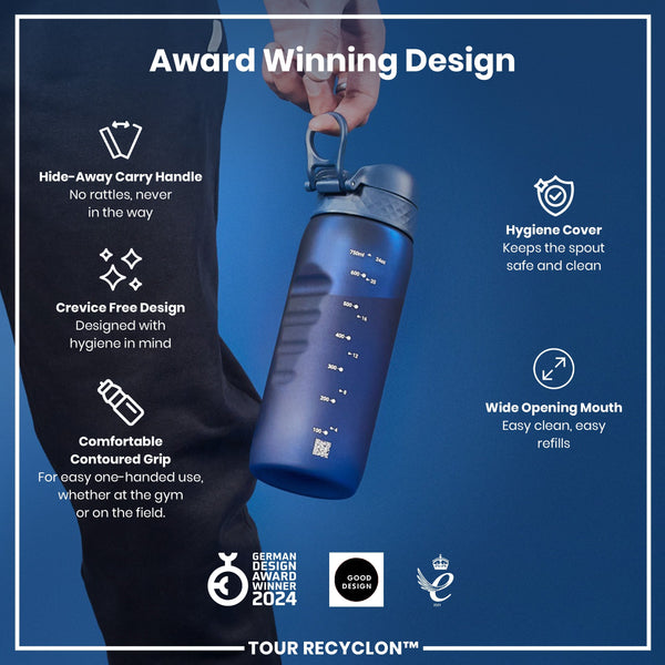 A person holds a blue, contoured water bottle with a carrying handle and wide mouth. It features a hygiene cover and is designed for easy one-handed use. The bottle is showcased against a blue background with text highlighting its award-winning design and features. "TOUR RECYCLON™" is also visible.