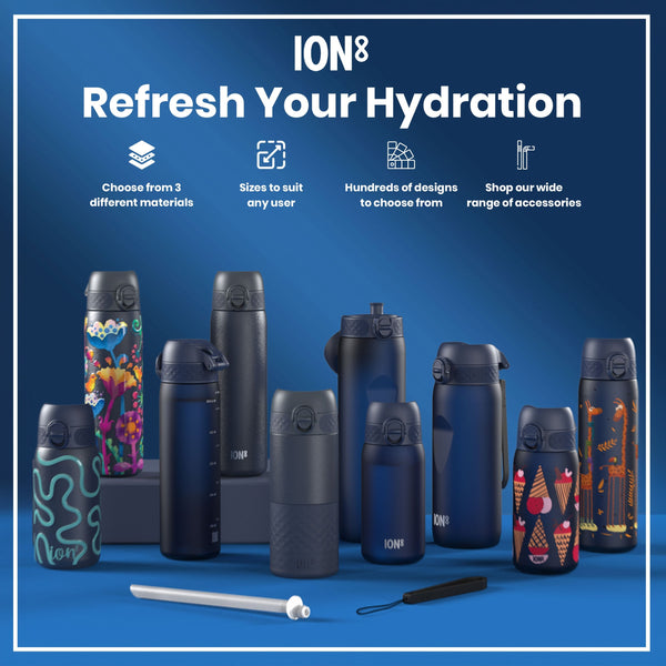 Several ION8 water bottles, various sizes and designs, are displayed on a blue surface. Accessories are also shown. Choose from 3 different materials; sizes to suit any user; hundreds of designs; shop our wide range of accessories.