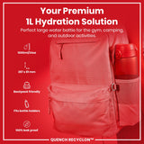 A red, 1L water bottle sits in a red backpack's side pocket; it's advertised as a premium hydration solution for the gym, camping, and outdoor activities, and is backpack friendly, fits bottle holders, and is leakproof.