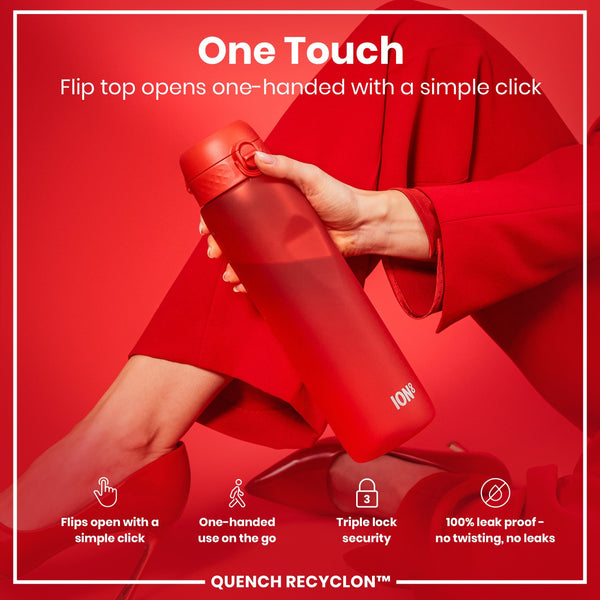 A red water bottle is held; its flip top opens one-handed. The context is a red background; the bottle's brand is ION8. "One Touch. Flip top opens one-handed with a simple click. Flips open with a simple click. One-handed use on the go. Triple lock security. 100% leak proof - no twisting, no leaks. QUENCH RECYCLON™"