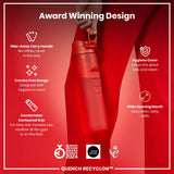 A red water bottle is held against a red background. Its features are highlighted: hide-away handle, crevice-free design, contoured grip, hygiene cover, and wide mouth. It's an award-winning design, the Quench Recyclon™.