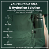 A dark-green, 1200ml/40oz steel water bottle fits into a backpack's side pocket; it's backpack-friendly, fits bottle holders, and is leak-proof.