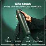 A dark-green ION8 stainless steel water bottle is held; its flip top opens one-handed. The bottle features triple lock security and is 100% leak-proof. The background is a matching dark-green.