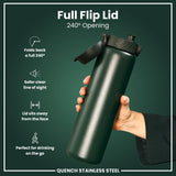 A dark-green stainless steel water bottle is held; its lid flips back 240 degrees. The bottle is shown against a dark-green background; text highlights features. 