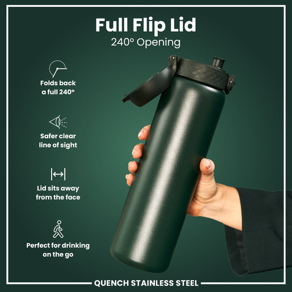 A dark-green stainless steel water bottle is held; its lid flips back 240 degrees. The bottle is shown against a dark-green background; text highlights features. "Full Flip Lid," "240° Opening," and "QUENCH STAINLESS STEEL" are visible.