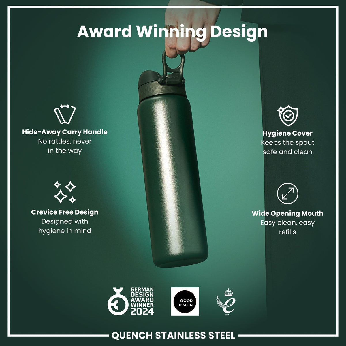 A dark-green, stainless steel water bottle is being held. Its features include a hide-away handle, hygiene cover, and wide mouth. The bottle is an award winner.