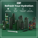 Several dark-green ION8 water bottles, of varying sizes and designs, are displayed on a green surface. Accessories are also shown. The text reads: 