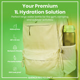 A light-green, 1000ml water bottle fits inside a tan backpack's side pocket; it's advertised as perfect for gym, camping, and outdoor use. The bottle is 287 x 81 mm, backpack-friendly, fits bottle holders, and is 100% leak-proof. QUENCH RECYCLON™ is also shown.