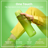 A lime-green water bottle is held; its flip top opens one-handed. The context is a product advertisement highlighting ease of use and leak-proof design. 