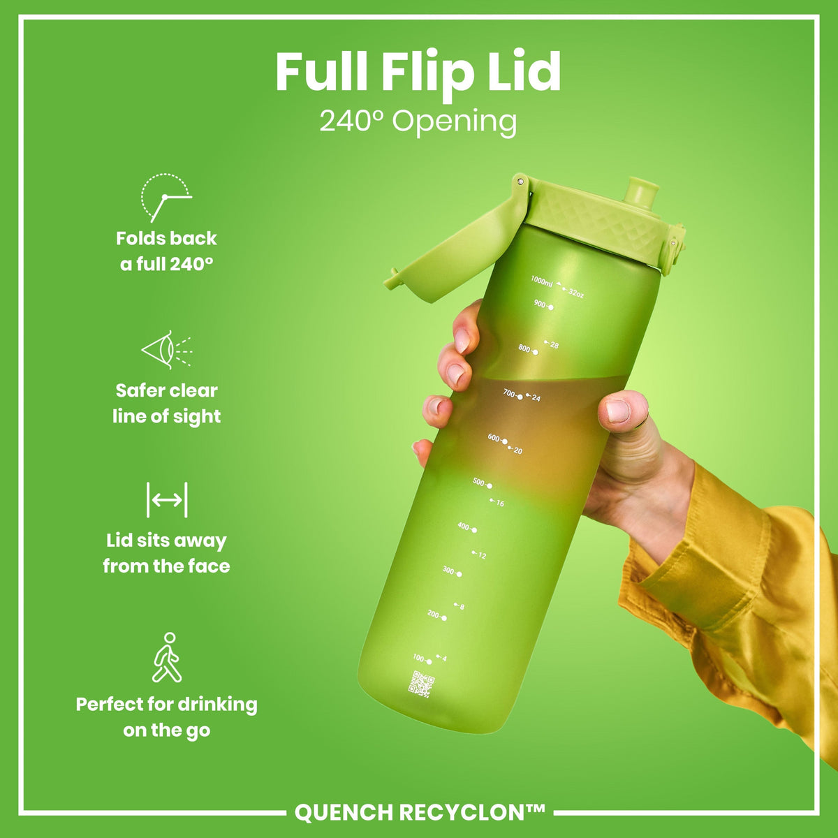 A green water bottle with a full flip lid is being held; its 240° opening allows for easy drinking on the go. The bottle has measurement markings. The lid folds back completely and sits away from the user's face.