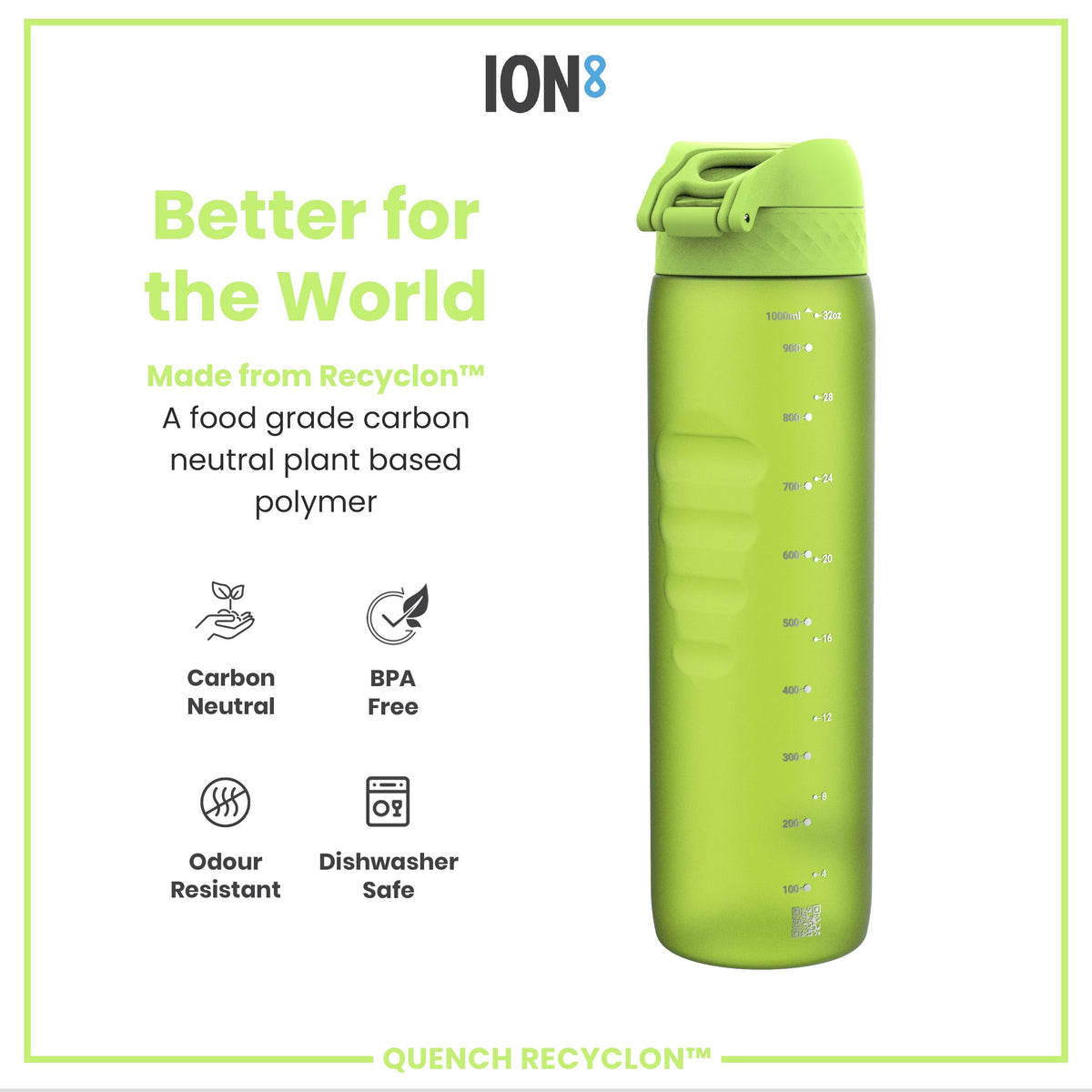 A lime-green water bottle sits on a white background. It is made from Recyclon™, a plant-based polymer, and is carbon neutral, BPA free, odour resistant, and dishwasher safe. The bottle displays measurement markings in milliliters and ounces.