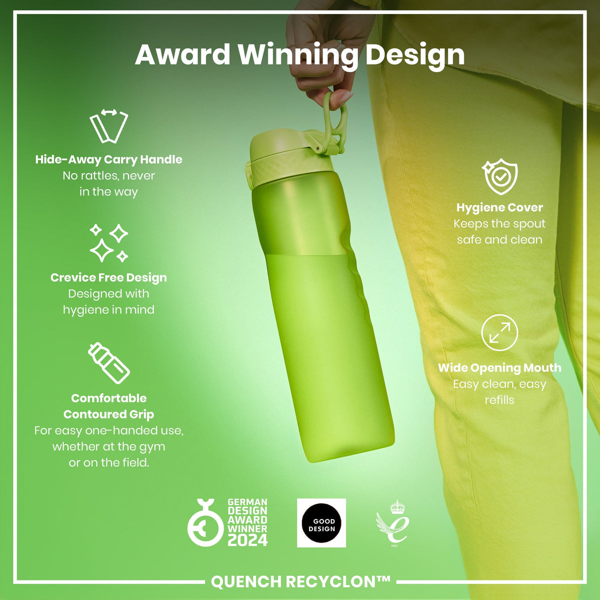 A lime-green water bottle is being held; its features, including a hide-away handle, crevice-free design, and wide mouth, are highlighted against a pale green backdrop. The bottle is an award-winning design.