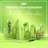 Several lime-green ION8 water bottles, various sizes and designs, are displayed on a matching surface. Accessories are also shown. 