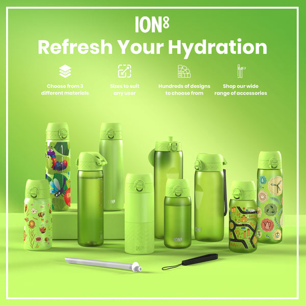 Several lime-green ION8 water bottles, various sizes and designs, are displayed on a matching surface. Accessories are also shown. "Refresh Your Hydration" is the main text.