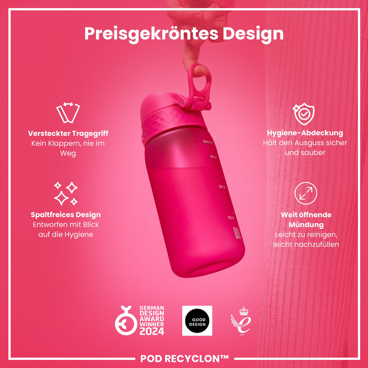 Recyclon Wasserflasche, Rosa, 350 ml