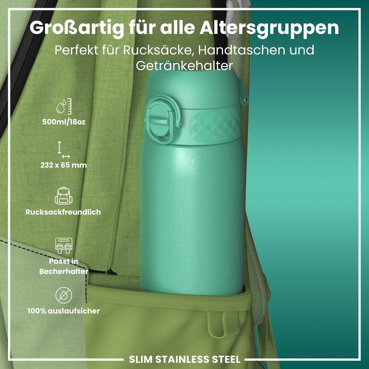 Leichte Edelstahl-Wasserflasche, Teal, 600 ml