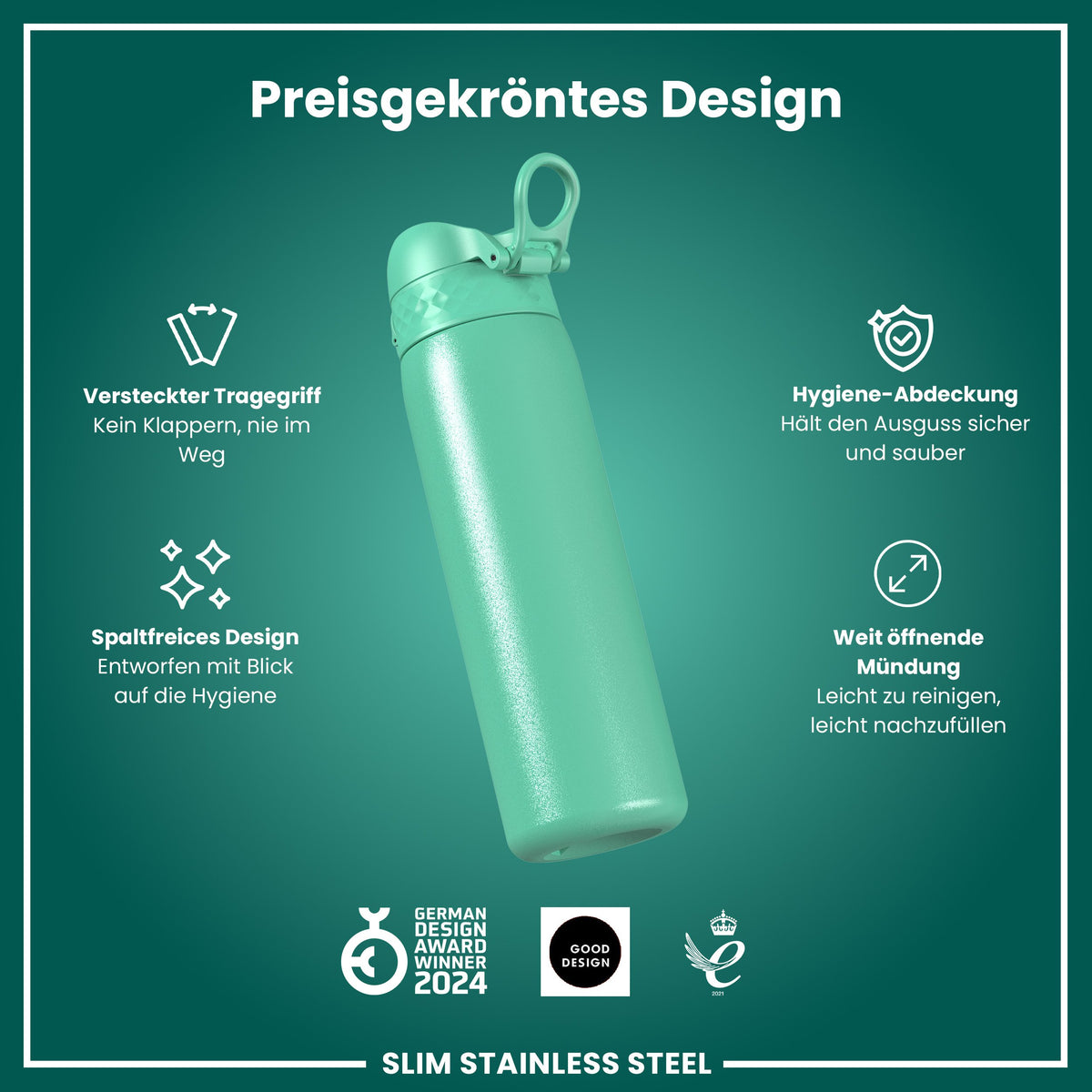 Leichte Edelstahl-Wasserflasche, Teal, 600 ml