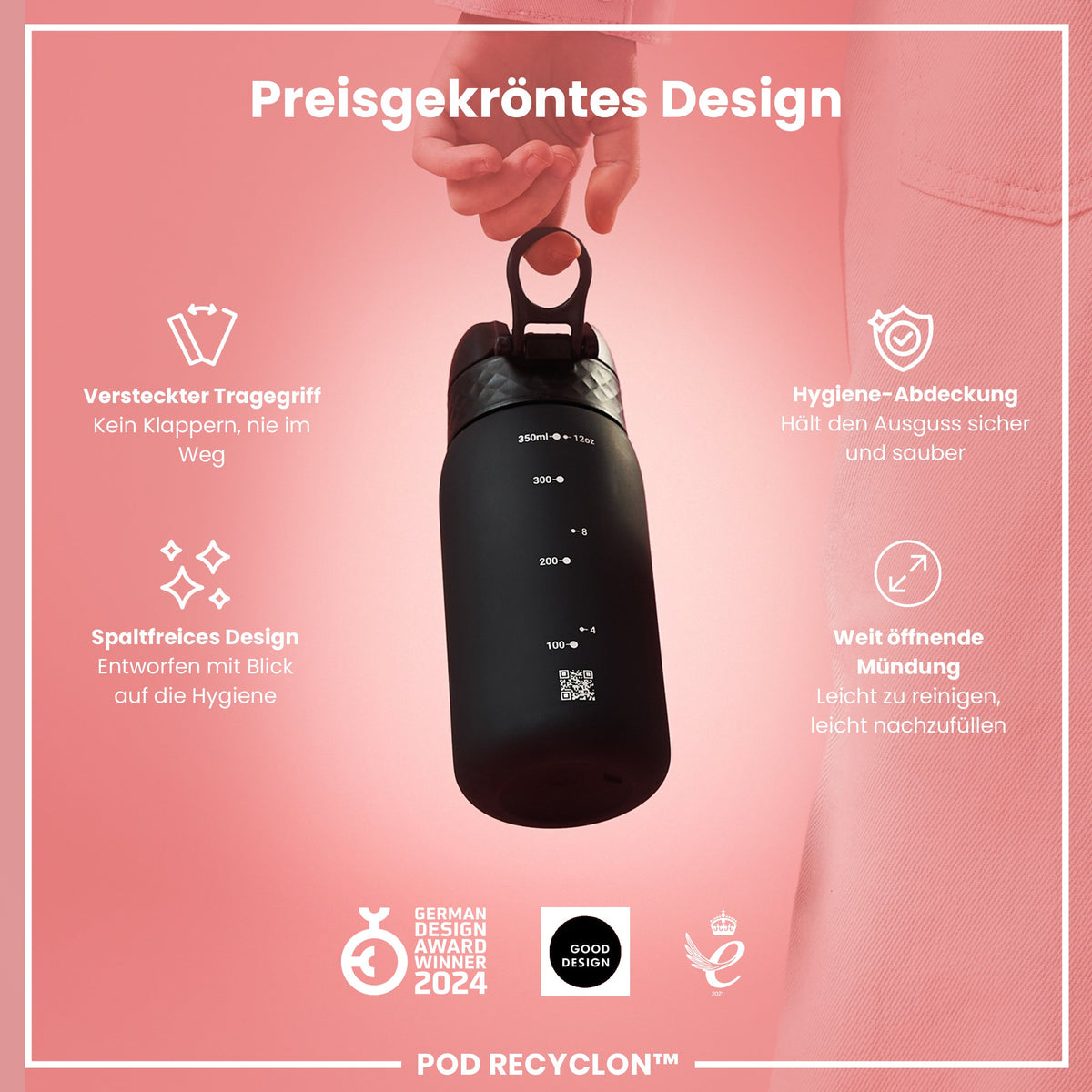 Recyclon Wasserflasche,  Schwarz, 350 ml