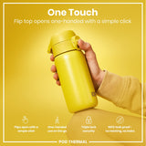 A yellow water bottle is held; its flip top opens one-handed. The background is yellow; text highlights ease of use, security, and leak-proof design. 