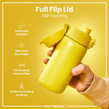 A yellow water bottle, being held, features a flip lid that opens 240 degrees. The design provides a clear line of sight and keeps the lid away from the face. It’s marketed as perfect for on-the-go drinking. POD THERMAL.