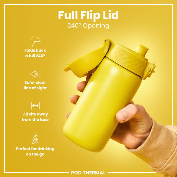 A yellow water bottle, being held, features a flip lid that opens 240 degrees. The design provides a clear line of sight and keeps the lid away from the face. It’s marketed as perfect for on-the-go drinking. POD THERMAL.