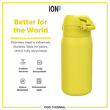 A yellow insulated steel water bottle sits against a white background. It is made from fully recyclable, durable stainless steel; it's carbon neutral, odour resistant and dishwasher safe. The bottle has a hinged lid.