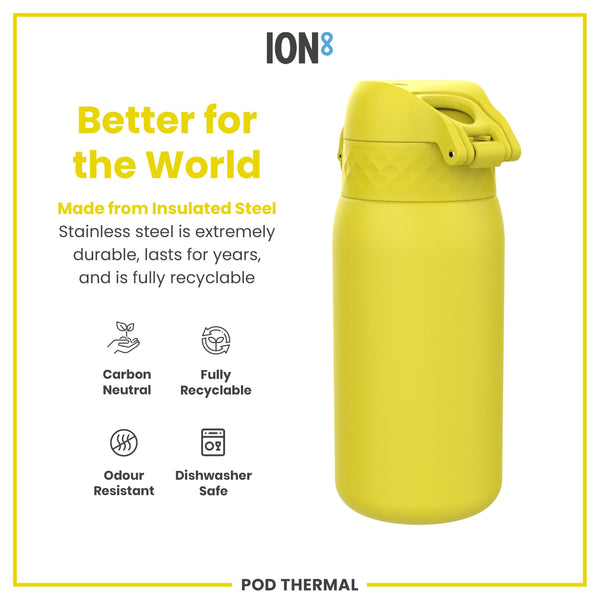 A yellow insulated steel water bottle sits against a white background. It is made from fully recyclable, durable stainless steel; it's carbon neutral, odour resistant and dishwasher safe. The bottle has a hinged lid.