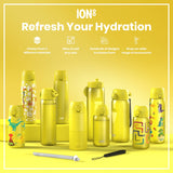 Yellow water bottles, various sizes and designs, are displayed on a yellow surface. Refresh Your Hydration. Choose from 3 different materials. Sizes to suit any user. Hundreds of designs to choose from. Shop our wide range of accessories.