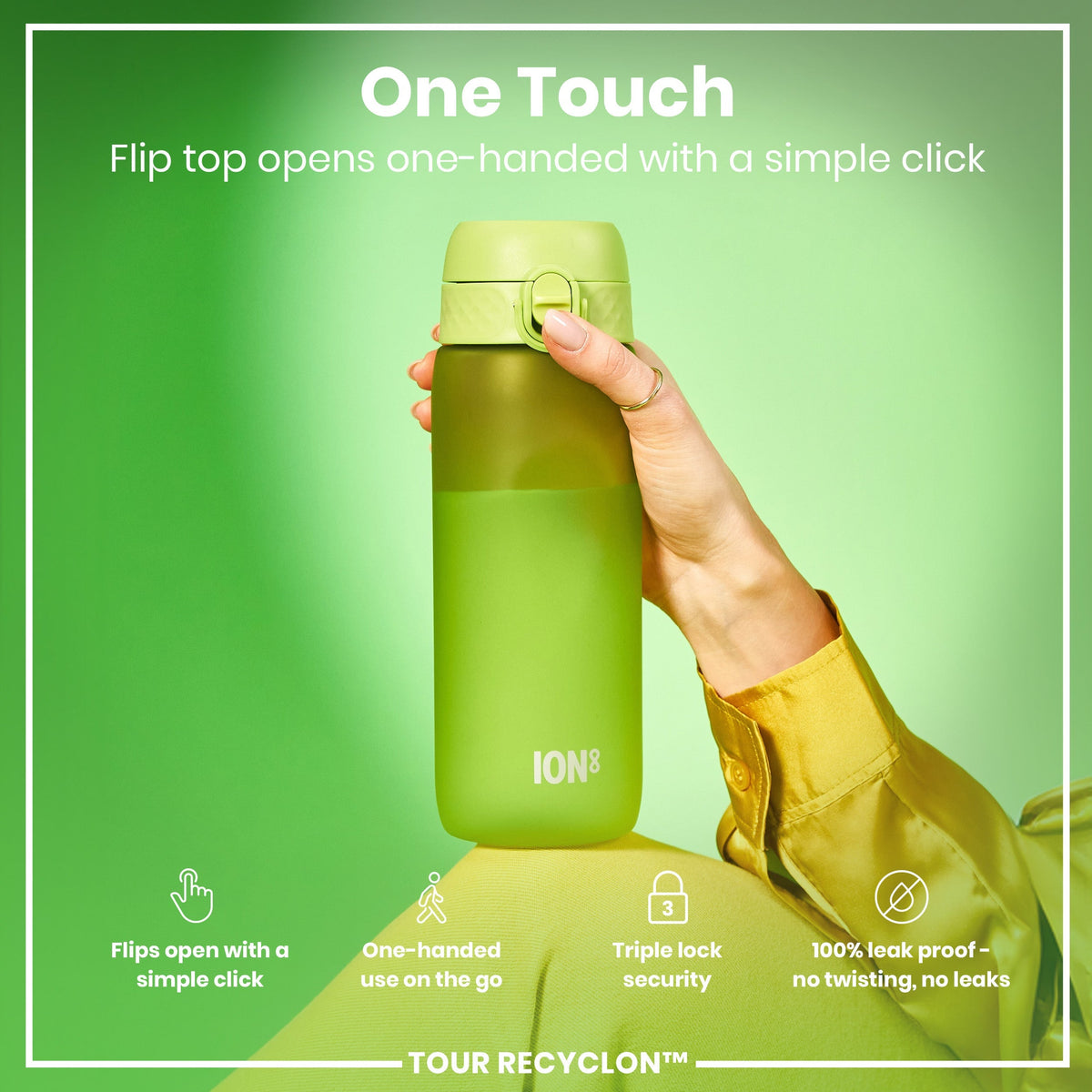 A light green ION8 water bottle is held; its flip top opens one-handed. The bottle features a triple lock security and is 100% leak proof. It is shown against a green background.